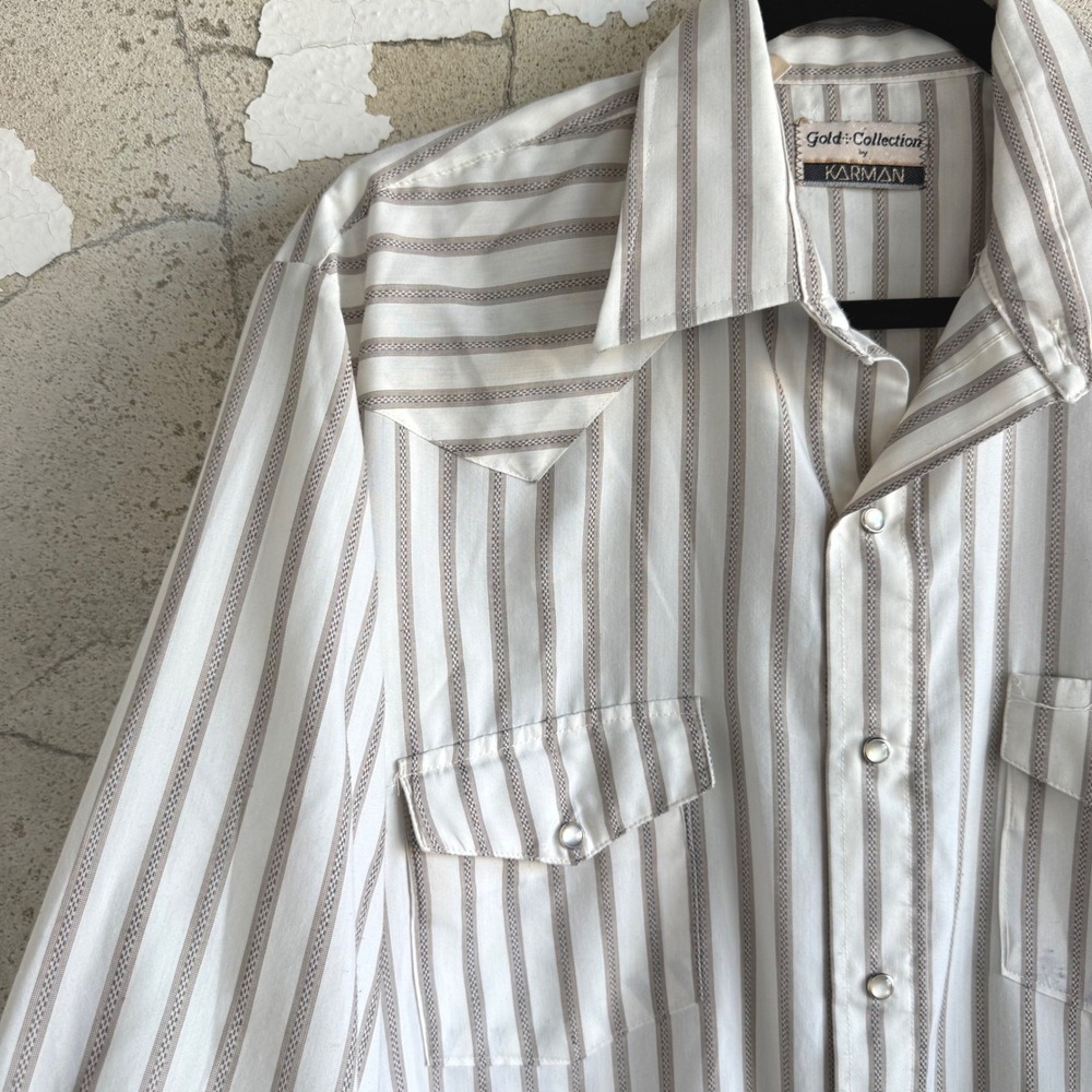 Vintage 70s Western Shirt Pearl Snap Karman Gold Collection Striped Cowboy Men L